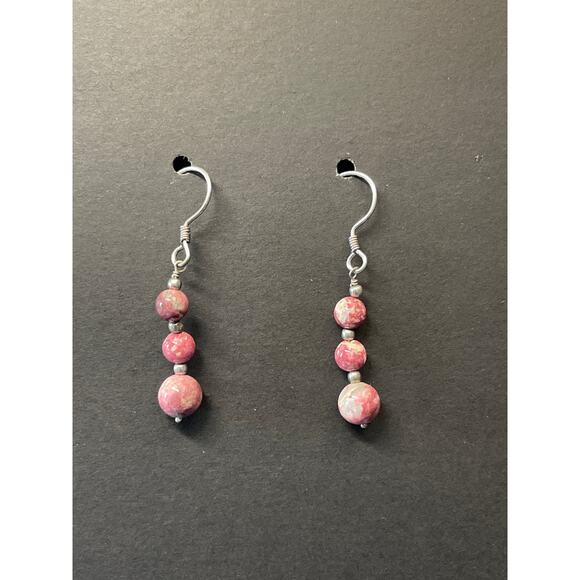 Thulite Three Round Bead Dangle Wire Earrings - Picture 1 of 2